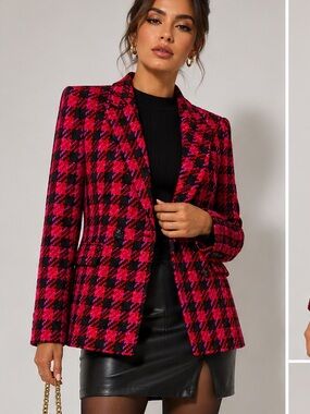 Primark Red Pink Black Tweed Blazer Size 6 NWT